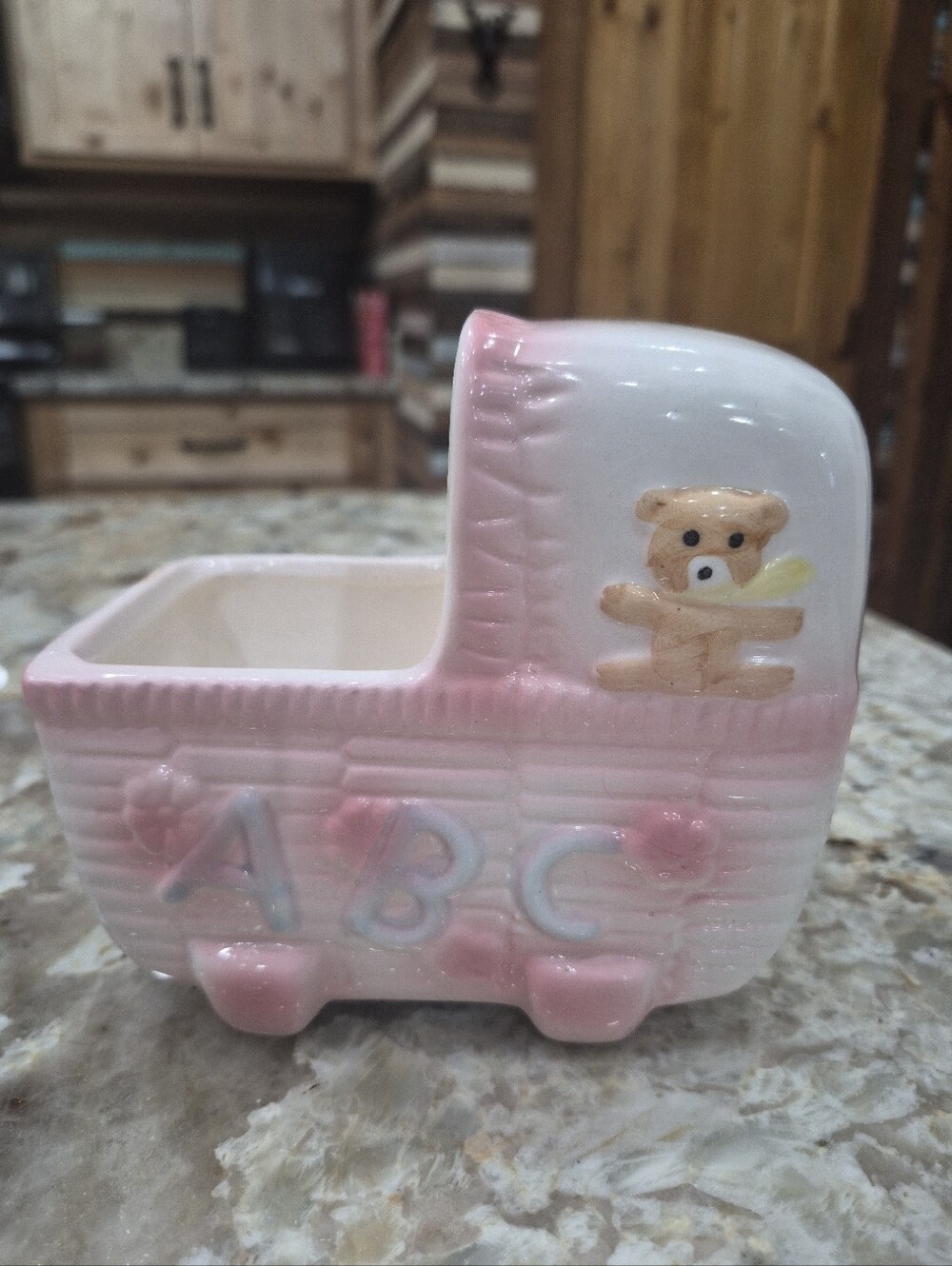 Vintage Ceramic Baby Carriage Planter Teddy Bear ABC Nursery Gift Decor